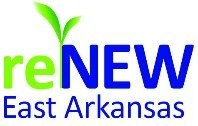 The logo for renew east arkansas is blue and green.