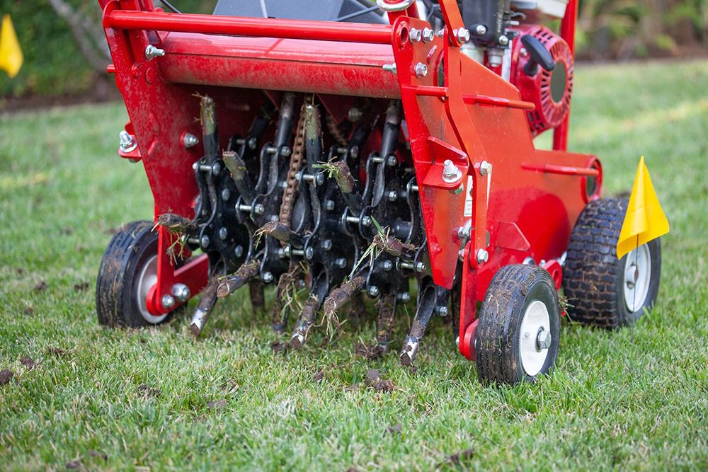 Red lawn aerator extracting soil cores from a green lawn.