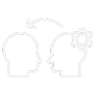 A white icon of two heads with a gear in the middle.