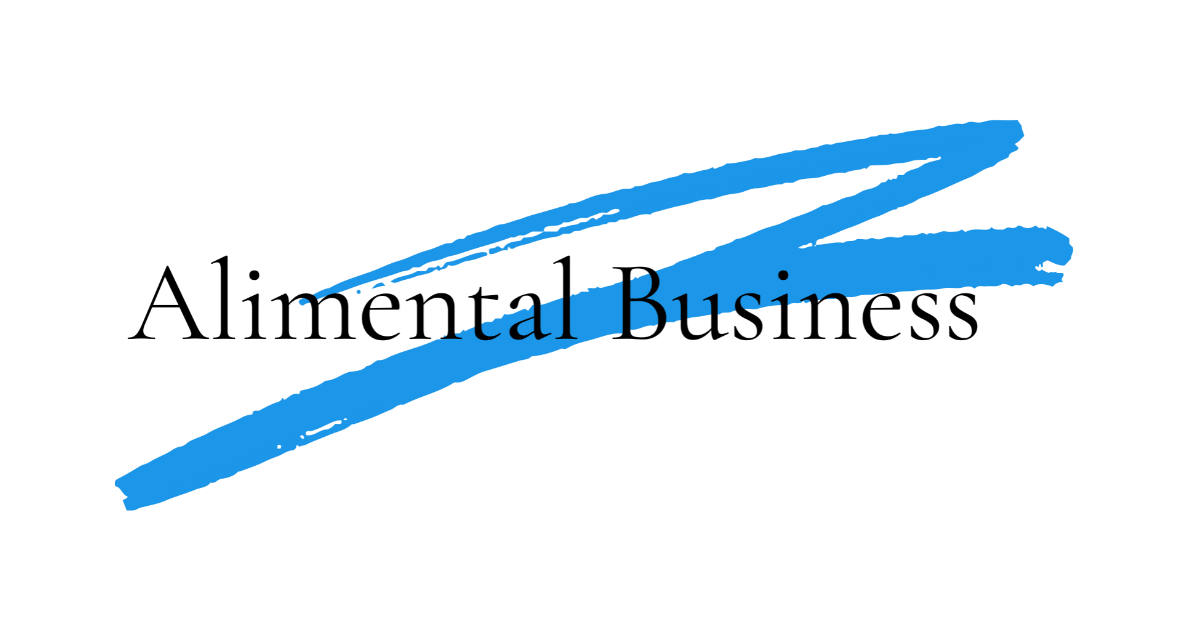 The logo for alimental business is a blue brush stroke on a white background.
