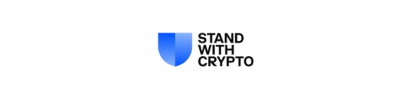 A blue shield with the words `` stand with crypto '' written on it.