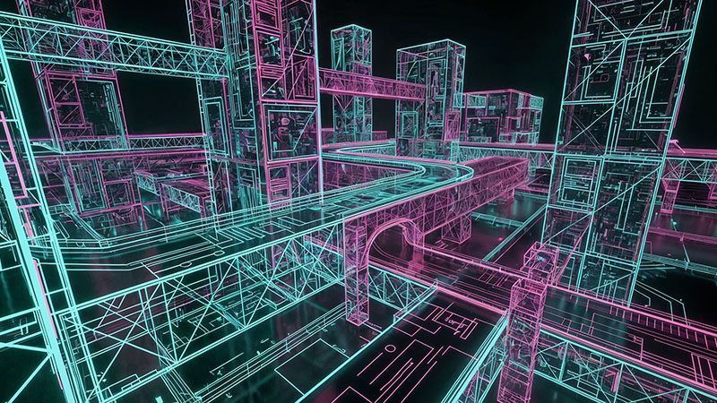 A neon wireframe view of a city with roads and bridges.