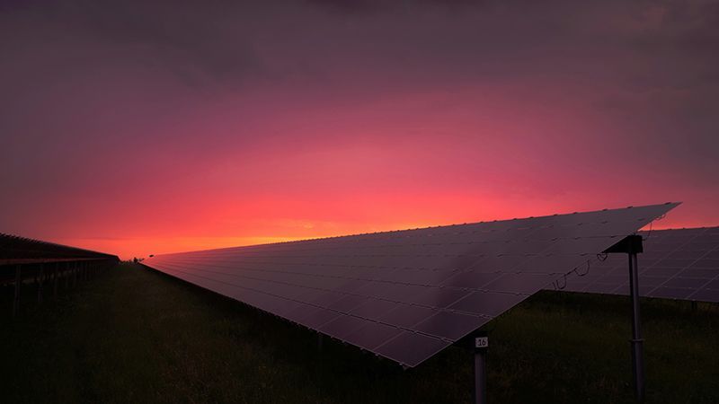 A long  bank of solar panels in a field at dusk