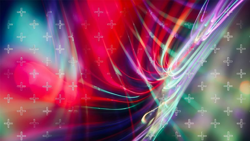 Neon waves and lines with overlay of white plus signs, some dissolving away