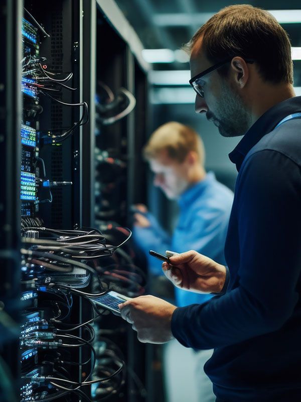Two men working close up to a data centre stack - one is holding a pen to demonstrate that he is doing something important