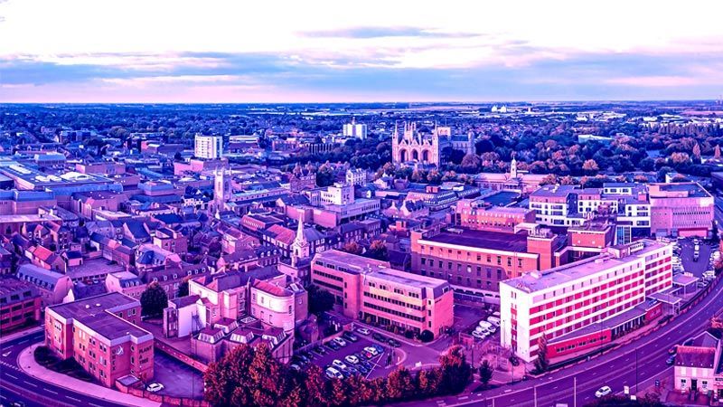 Neon overlay of aerial shot of Peterborough