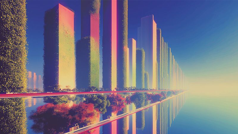 A vibrant, futuristic cityscape with tall, vertical structures covered in greenery, glowing in pink and orange light against a bright blue sky. The scene includes reflections in a calm, mirror-like surface below, with lush vegetation adding bursts of color throughout. The perspective conveys a sense of depth and infinity.