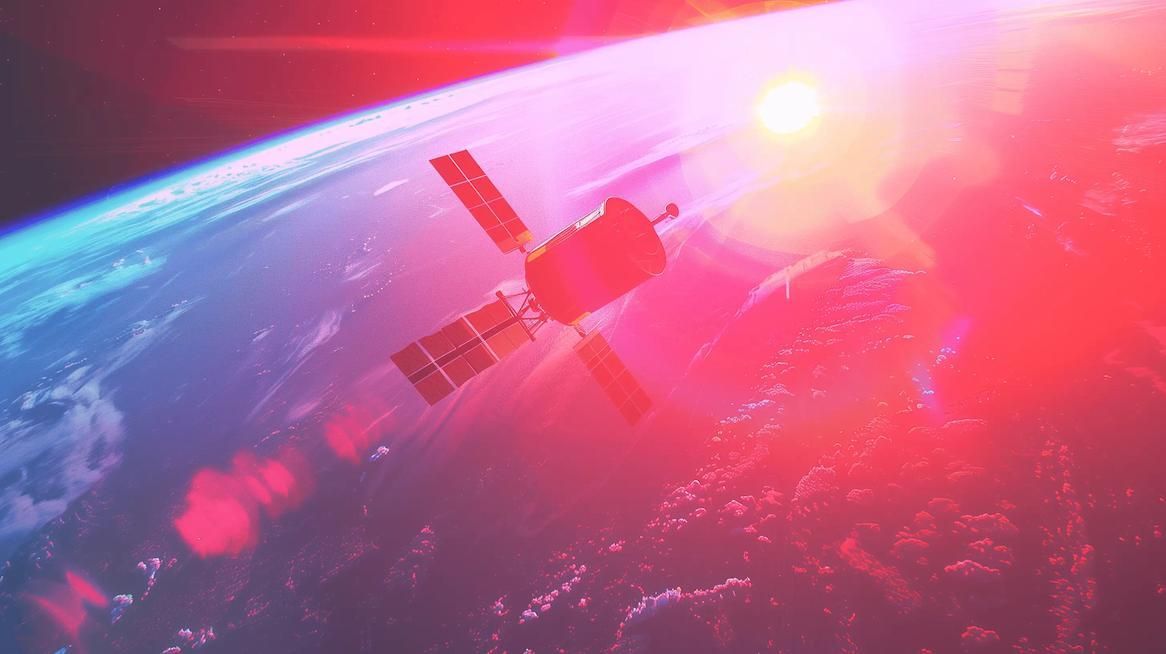 Satellite above the earth with neon tint and large lens flare top right 