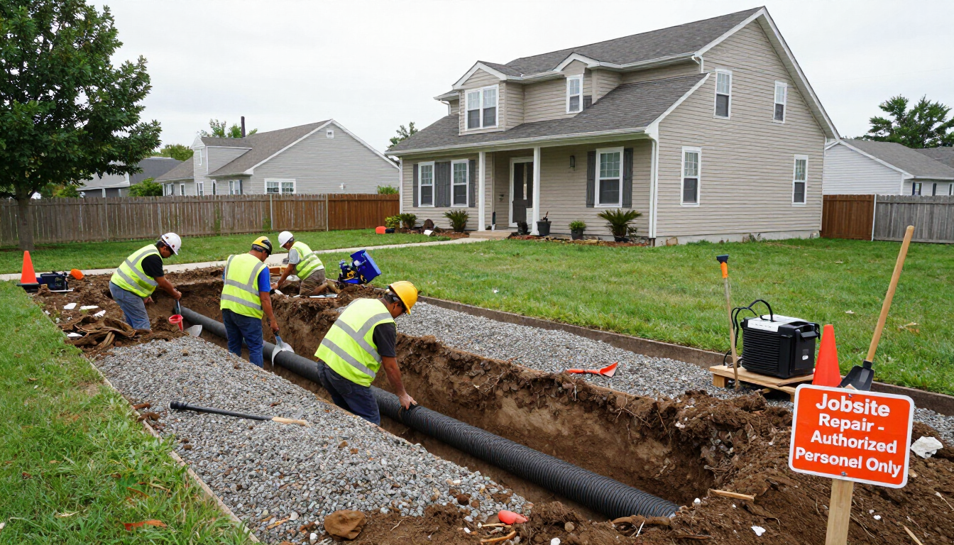Workers in safety vests installing a large black pipe in a trench beside a suburban house