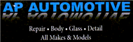 AP Automotive logo on black background with blue text and services listed: repair, body, glass, detail, all makes and models