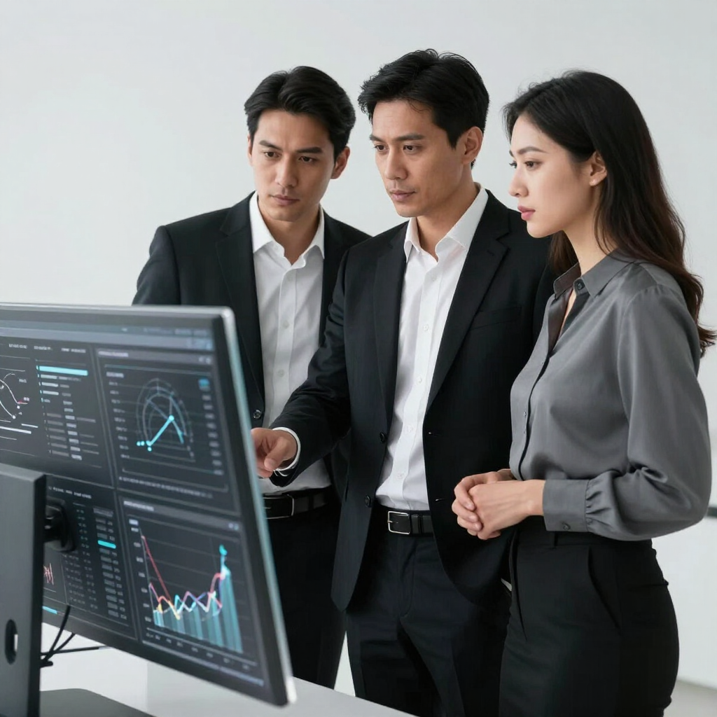 Tres profesionales revisan paneles de datos en el monitor de una computadora en una oficina.
