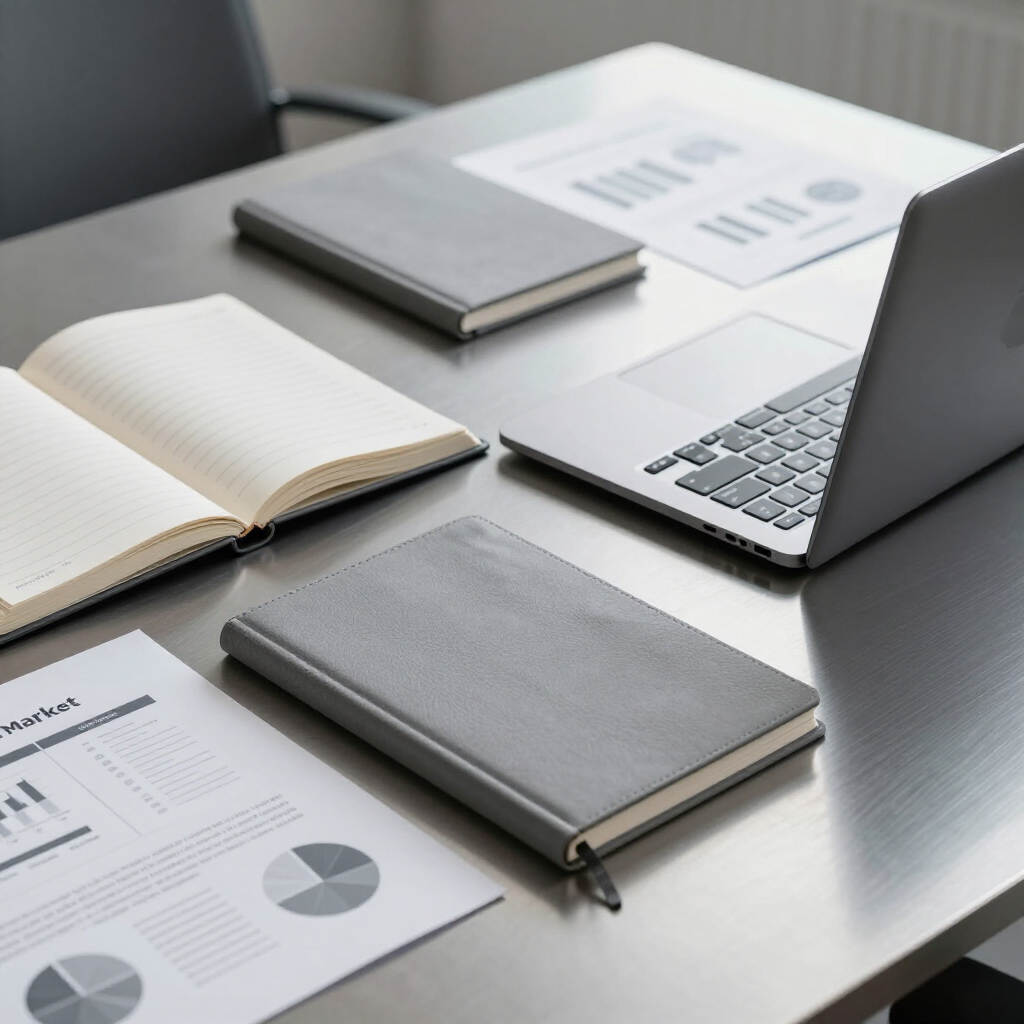Escritorio con ordenador portátil, cuaderno abierto, dos cuadernos grises y gráficos impresos en un entorno de oficina luminoso.