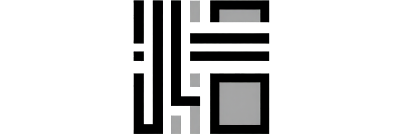 Marca abstracta minimalista en blanco, negro y gris.