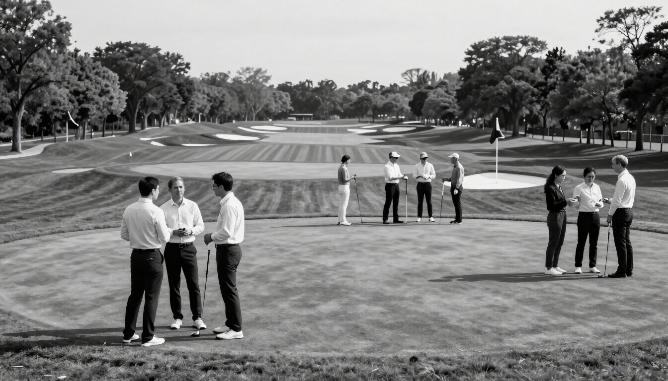 Jugadores de golf en un campo, con varios grupos reunidos cerca de la calle y árboles al fondo.