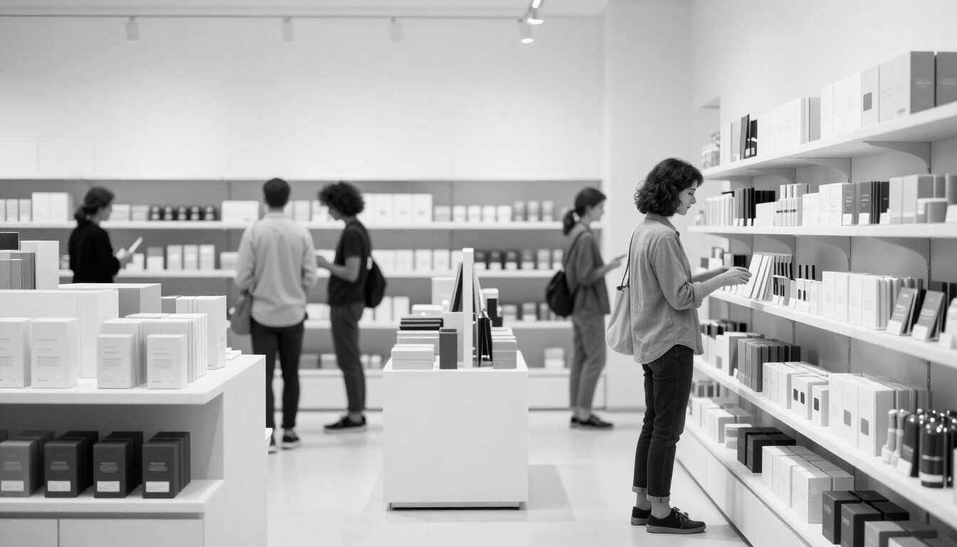 Gente mirando productos en una tienda minorista luminosa y moderna con estantes llenos de artículos en cajas.