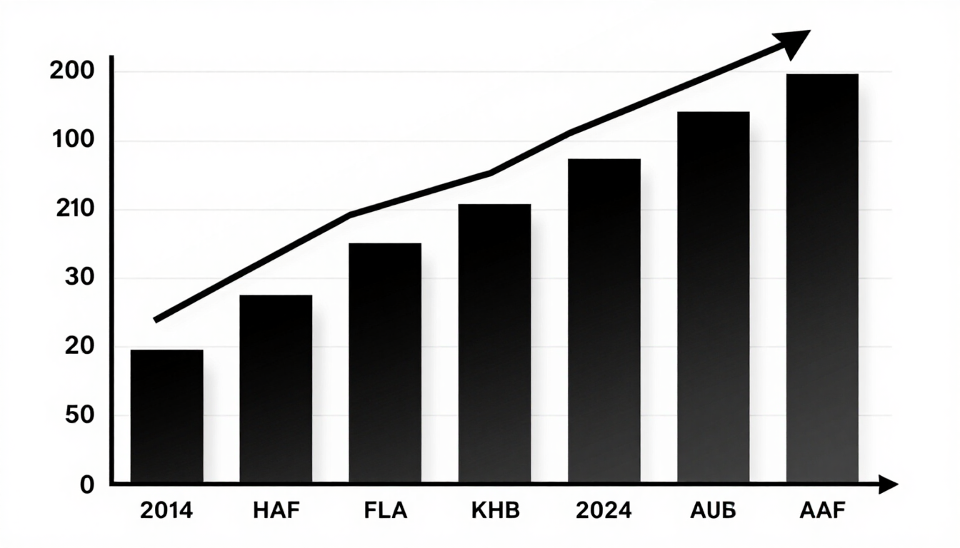 Gráfico de barras negras con las etiquetas 2014, HAF, FLA, KHB, 2024, AUB, AAR y una flecha de tendencia ascendente.