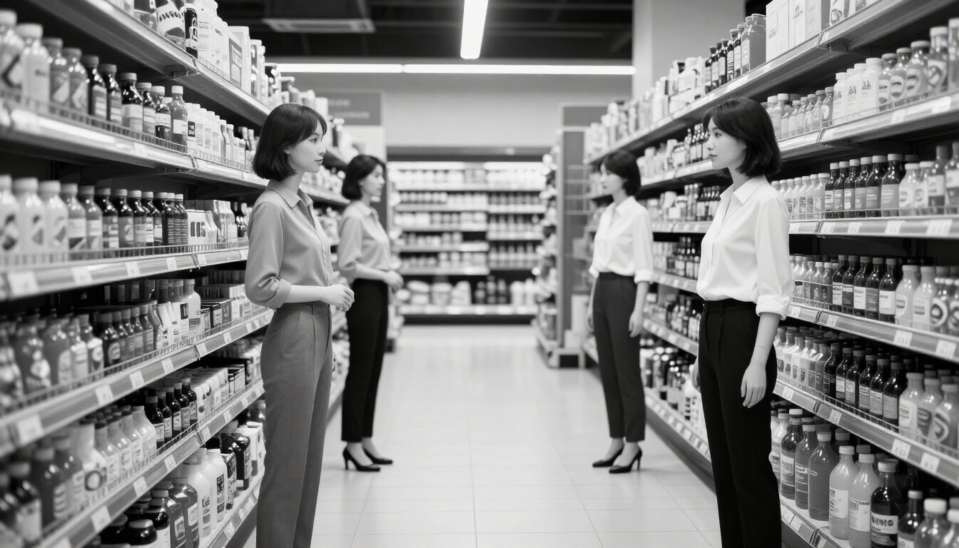 Clientes de pie en un pasillo de un supermercado, mirando los productos a ambos lados.