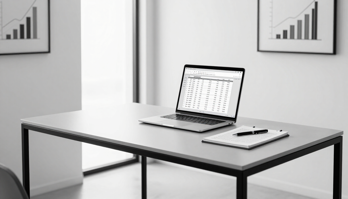 Escritorio minimalista con ordenador portátil abierto en una habitación luminosa y moderna.