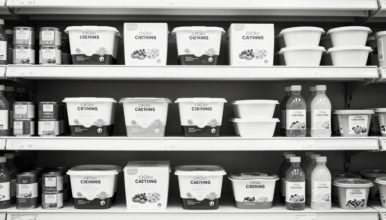 Estantes repletos de diversos recipientes, frascos y botellas de alimentos en una despensa o pasillo de una tienda.