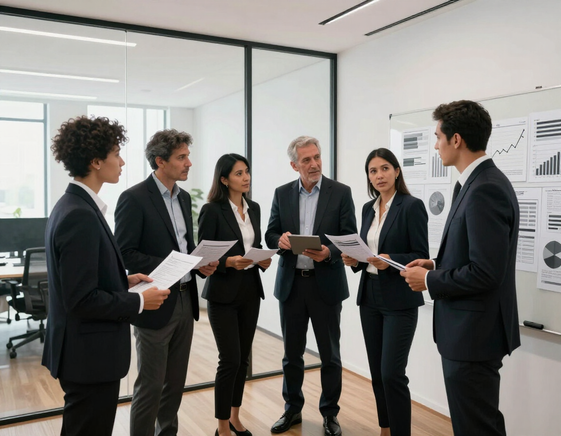 Equipo directivo analizando información de negocio en una oficina minimalista.