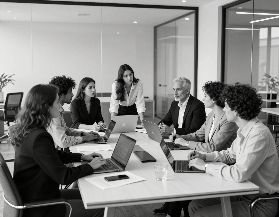 Consultores y equipo del cliente trabajando en una sesión de cogestión.