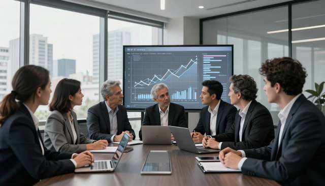 Equipo ejecutivo analizando estrategia y métricas.