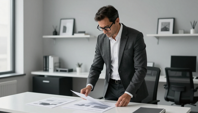 Consultor revisando documentos y gráficos en una oficina minimalista.