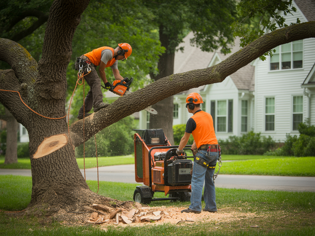 An arborist wearing safety gear uses a chainsaw to trim a tree branch from a yellow aerial lift bucket.