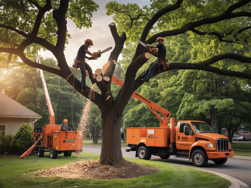 A lush, manicured green lawn framed by large, leafy trees under soft, golden sunlight, with a house visible on the left.