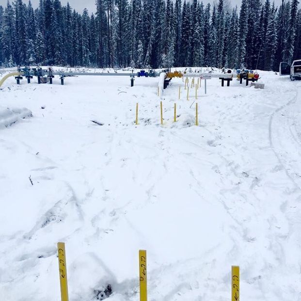 A snow-covered site features industrial piping and a row of yellow survey markers leading toward a forest background.