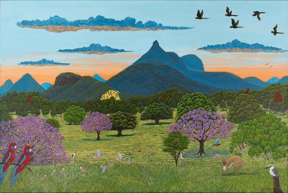A Painting Of Birds Flying Over A Field With Mountains In The Background — Psychology Practice In Tweed Heads, NSW