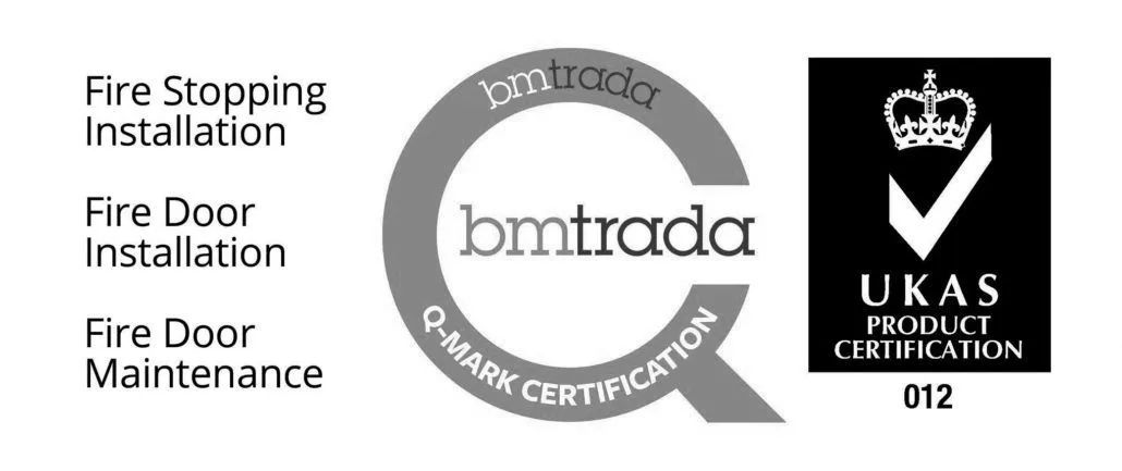 BM TRADA and UKAS accreditation logos for fire stopping and fire door work