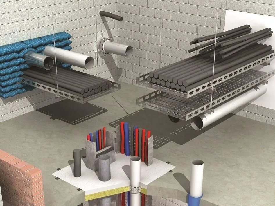 Diagram showing cable and pipe fire stopping installation methods