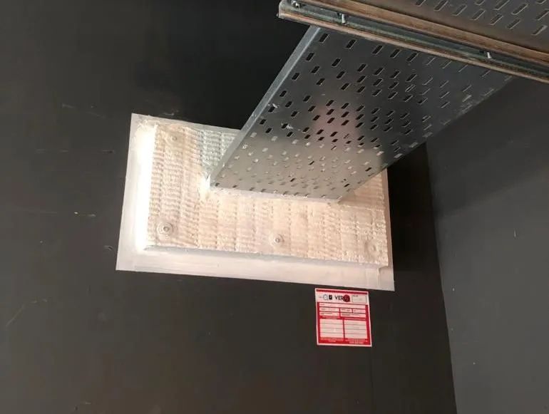 Verus Group fire-rated seal on a cable tray penetration