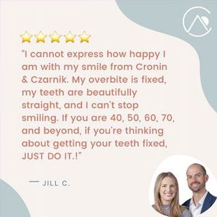 Five-star testimonial with smiling couple photo and quote praising smile makeover from Cronin & Czarnik.