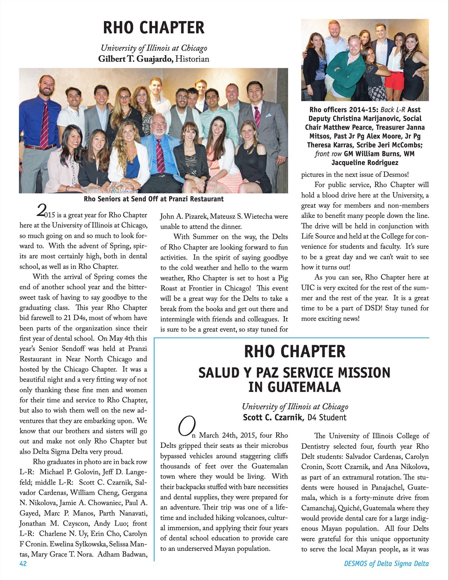 Newsletter page with “RHO CHAPTER” photos and text about a Guatemala service mission