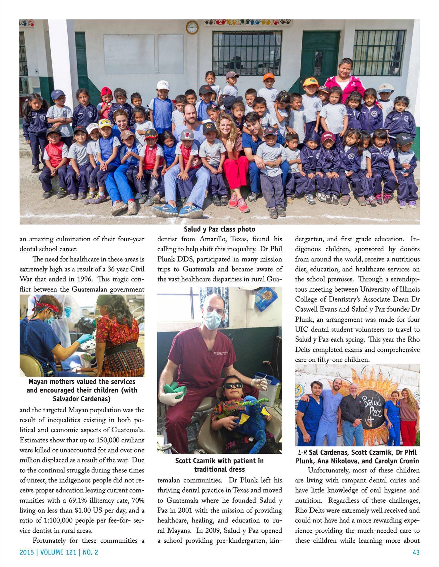 Group of schoolchildren and adults posing outside a building, with smaller photos of classroom activities below.