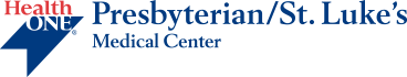 HealthONE Presbyterian/St. Luke’s Medical Center logo with red and blue text on white background