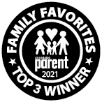 Black-and-white circular badge reading “Family Favorites Parent 2021 Top 3 Winner” with family icon.
