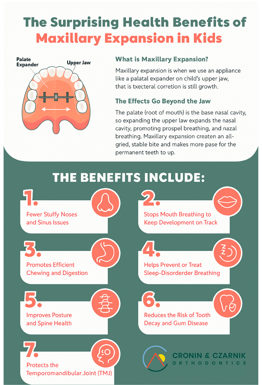 Infographic on the health benefits of maxillary expansion in kids, with orange teeth illustrations and seven listed benefits.