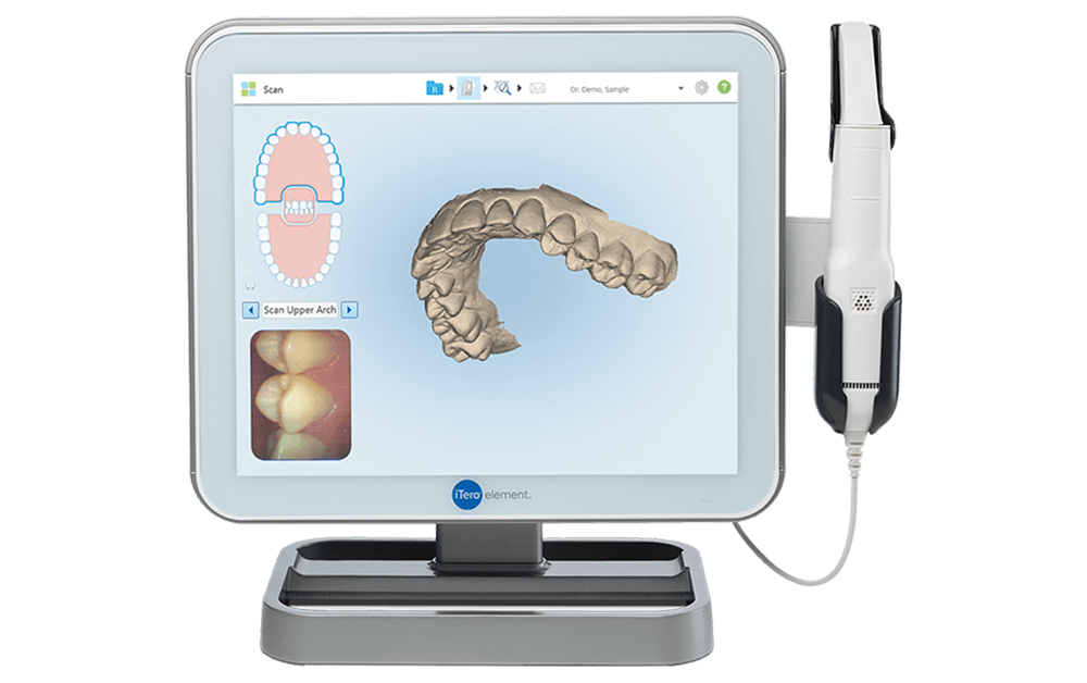 Medical touchscreen monitor displaying a 3D dental scan with a handheld scanner beside it