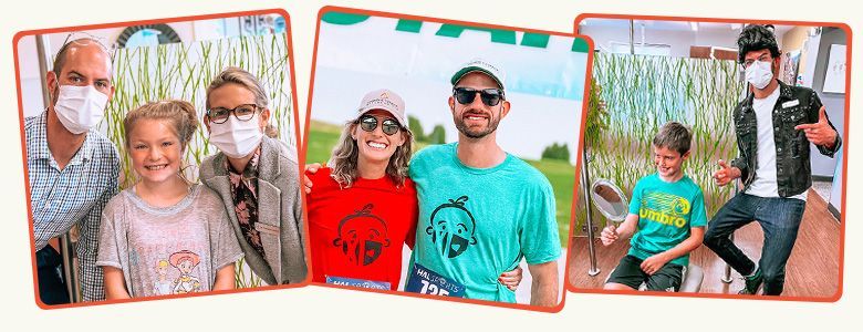 Collage of three photos showing people outdoors in casual clothing and face masks.