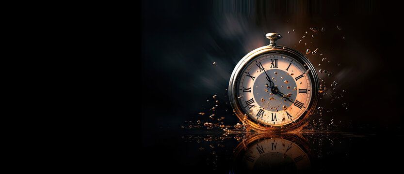 Vintage alarm clock glowing on a dark background with sparks and reflection