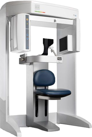 White dental X-ray machine with a blue chair in a clinic setting