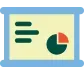Presentation screen with charts and bullet points on a light blue stand