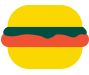 Stylized hamburger with yellow bun, green lettuce, red tomato, and dark patty