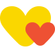 Two overlapping hearts, one yellow and one red, on a white background