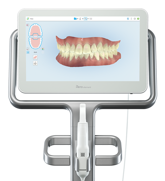 Dental scanner displaying a 3D model of teeth on a touchscreen device