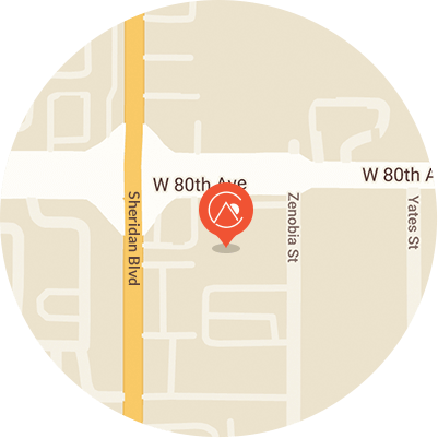 Map view centered on a red location pin near W 80th Ave and Sheridan Blvd, with nearby streets labeled.