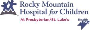 Rocky Mountain Hospital for Children logo with purple icon and text, At Presbyterian/St. Luke’s, HealthONE badge